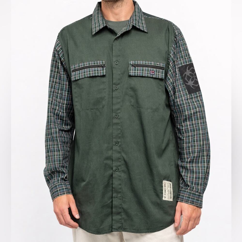 Bugle Boy Utility Shirt XL Green Plaid Mixed Fabric Zip Pocket Y2K
